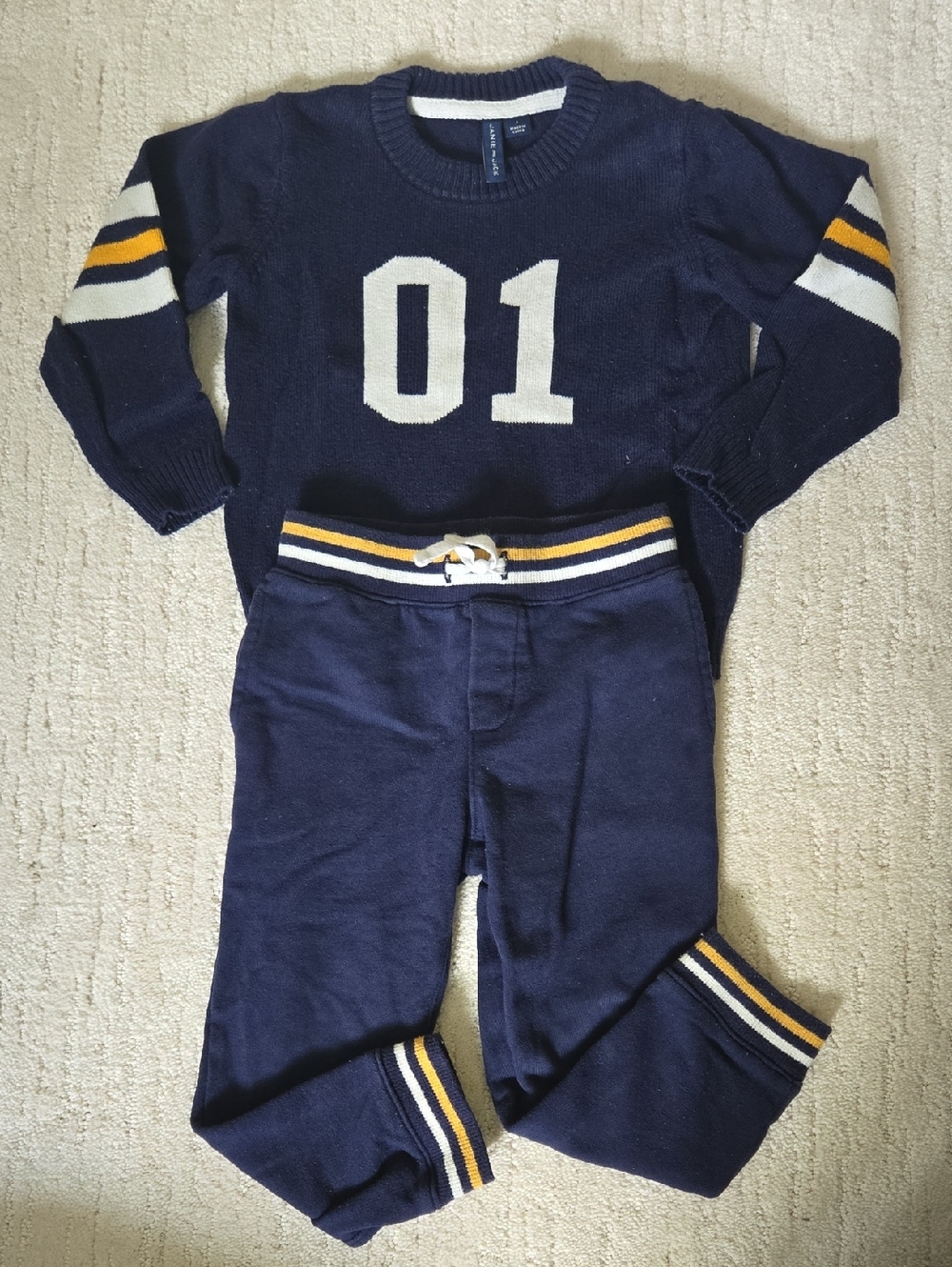 JANIE & JACK • Navy Knit Sweater And Pant Set with White And Yellow Trim, 3T